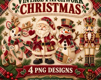 Vintage Patchwork Christmas PNG Bundle, Santa Snowman Nutcracker Reindeer, 4 Rustic Sublimation Designs, 300 DPI