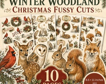 Winter Woodland Fussy Cuts, Vintage Animals, Fox Deer Owl Rabbit Ephemera (Digital Download)
