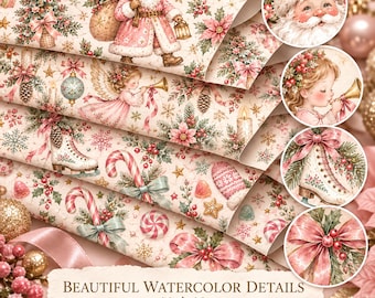 Whimsical Christmas Digital Papers, 20 Pink Mint Watercolor Patterns (12x12)