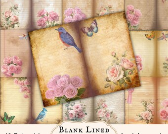Vintage Floral Junk Journal Pages, Butterfly Dragonfly Bird Ephemera (Digital Download)
