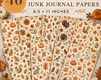 40 Thanksgiving Watercolor Digital Papers, Autumn Woodland Animals, Printable Scrapbook Pages (8.5x11)