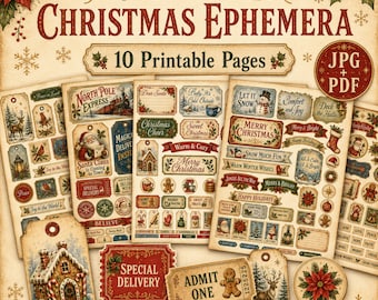 Vintage Christmas Ephemera Junk Journal Pages, Santa Tags Tickets Labels (Digital Download)