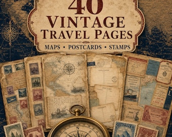 40 Vintage Travel Junk Journal Pages, Antique Maps, Postcards, Stamps (Digital Download)