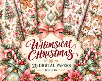 Whimsical Christmas Digital Papers, 20 Pink Mint Watercolor Patterns (12x12)
