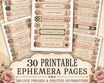 Vintage Love Ephemera Printable, Romantic Rose Affirmation Strips, Junk Journal Words (Digital Download)