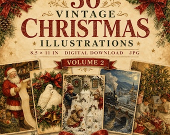 30 Vintage Christmas Illustrations, Victorian Holiday Pages, Junk Journal Kit (Digital Download)