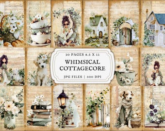Whimsical Cottagecore Printable Digital Paper Bundle  Vintage Ephemera Pages for Scrapbooking Half Papers Printable