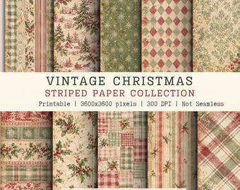Vintage Christmas Digital Paper Bundle, Plaid & Botanical Designs (12x12 JPG)