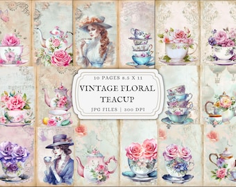 Vintage Floral Teacup Junk Journal Supplies  Printable Digital Paper Bundle Ephemera Pages for Scrapbooking