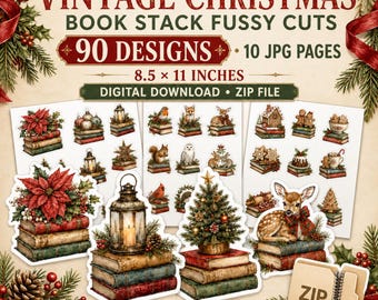 Vintage Christmas Book Stack Fussy Cuts, 90 Designs, Junk Journal Ephemera (Digital Download)