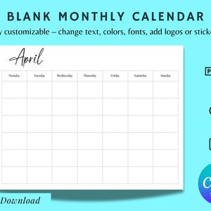 Monthly Blank Calendar Template, Canva Editable, 12 Month Blank Calendars, Undated, Instant Download, Printable Editable, Monthly Calendar