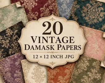 Vintage Damask Digital Paper Bundle, Victorian Scrapbook Papers, Junk Journal Backgrounds (12x12 JPG)
