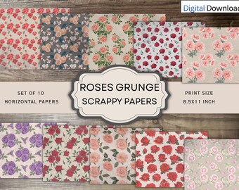 Roses Grunge Scrappy Papers, Shabby Chic Vintage Floral Junk Journal Pages (Digital Download)