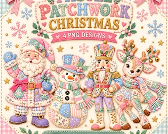 Christmas PNG Designs, Whimsical Santa Snowman Nutcracker Reindeer, 4 Patchwork Sublimation Designs, 300 DPI