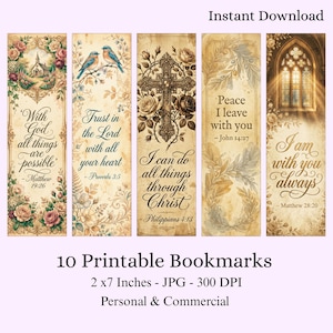 Può includere: Set di 10 segnalibri stampabili con citazioni ispiratrici e disegni floreali. Ogni segnalibro presenta un versetto biblico diverso, con un'estetica vintage. Misurano 5 x 18 cm.