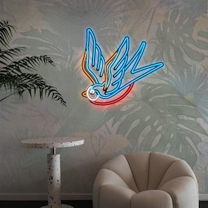 Letrero Neón Gorrión – Decoración LED Metálica de Pájaro en Azul Hielo, Naranja, Rojo o Blanco para Hogares Modernos