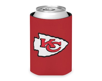 May include: Red and white can cooler with the Kansas City Chiefs logo. The logo is a white arrowhead with the letters "KC" in red inside.