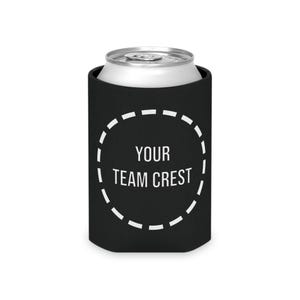 May include: Black neoprene can cooler with a white dashed circle and the text "YOUR TEAM CREST" inside.