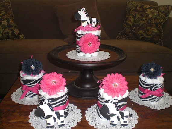 Zebra And Hot Pink Mini And Bundt Diaper Cakes And Bootie Washcloth