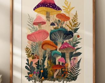 Whimsical Mushroom Print: Vibrant Cottagecore Forest Wall Art (Digital Download)