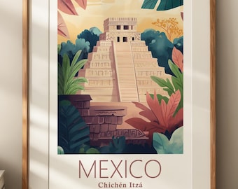 May include: A colorful illustration of the Chichen Itza pyramid in Mexico. The pyramid is surrounded by lush green foliage and a bright yellow sky. The text "MEXICO Chichen Itza" is printed below the pyramid.