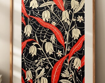 May include: Framed art print featuring a floral pattern with cream-colored bell-shaped flowers and red leaves against a black background. The design includes white spiderweb-like lines and small white flowers. The print is in a wooden frame.