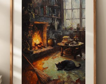 Stampa artistica con gatto nero addormentato e camino: decorazione da parete fantasy in stile Cottagecore (download digitale)
