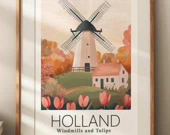 Holland Windmills & Tulips Travel Poster: Colorful Illustration (Printable)