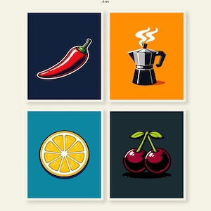 Puede incluir: Cuatro impresiones artísticas enmarcadas con ilustraciones de alimentos y bebidas. Las impresiones incluyen un pimiento rojo, una cafetera con vapor, una rodaja de limón y dos cerezas. Las impresiones tienen un borde blanco y están sobre fondos coloridos.