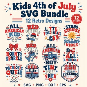 Può includere: Un pacchetto di grafica digitale intitolato Kids 4th of July SVG Bundle con 12 design retrò in rosso, bianco e blu. La collezione include illustrazioni di un ghiacciolo, petardo, sole, dinosauro, camion e fiocchi con testo patriottico.