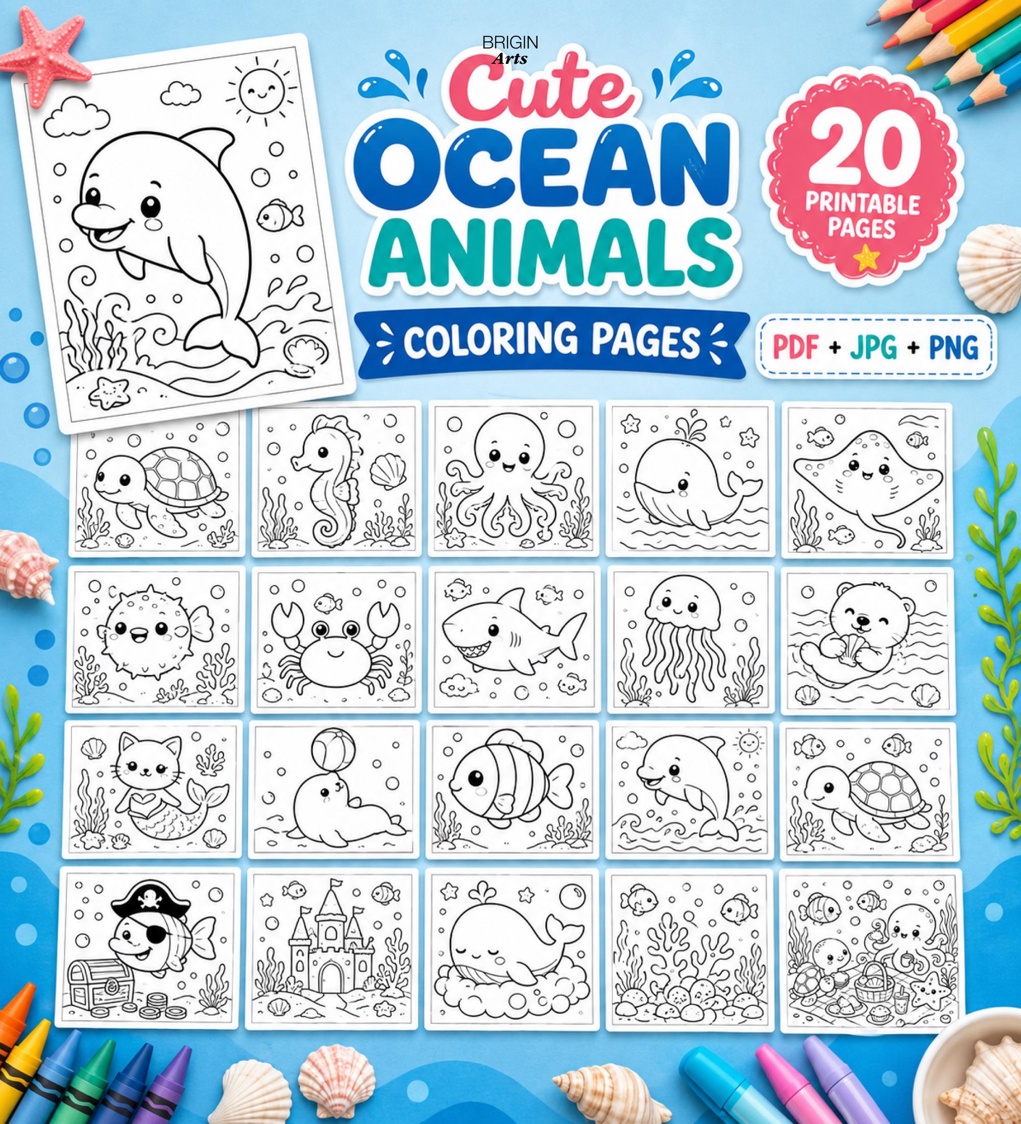 Ocean Animals Coloring Pages, Sea Life Printable Kids Activity (PDF ...
