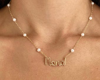 Custom Name Necklace – Freshwater Pearl Script Wire Jewelry, Gold