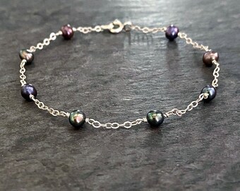 Peacock Pearl Bracelet: Sterling Silver Chain, Bridal Wedding Jewelry