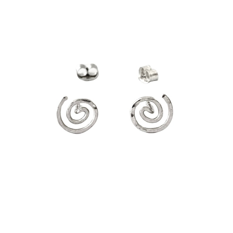 Spiral sterling silver hammered stud earrings with ear backings
