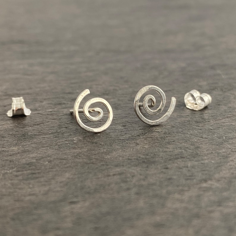 Spiral sterling silver hammered stud earrings with ear backings