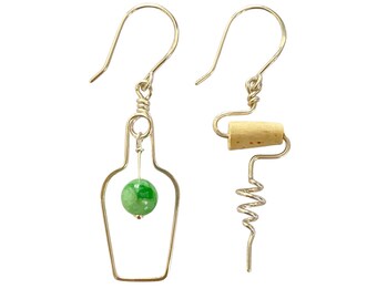 Green Jade Wine Earrings: Sterling Silver Bottle & Corkscrew