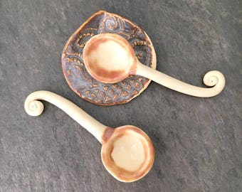 Ceramic Spoons Set with Spoon Rest Small Dish. Two Serving Spoons with Spoon Rest. Salt and Sugar Handmade Spiral Spoons. Housewarming Gift.