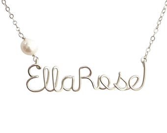 Custom Sterling Silver Two Name Necklace with Freshwater Pearl