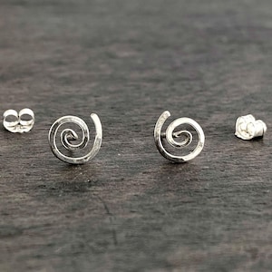 Spiral sterling silver hammered stud earrings with ear nuts
