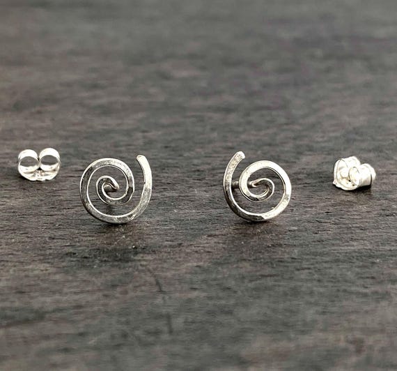 Sterling Silver Spiral Stud Small Earrings: Hammered Swirl Design