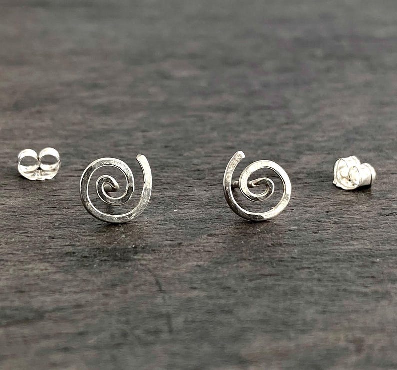 Spiral sterling silver hammered stud earrings with ear nuts