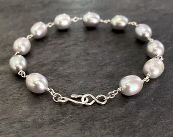 Grey Pearl Bracelet: Sterling Silver Infinity Clasp, Handmade Bridal Jewelry