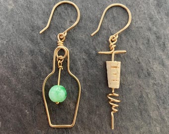 Green Jade Wine Earrings: Gold Bottle & Corkscrew Cocktail Jewelry