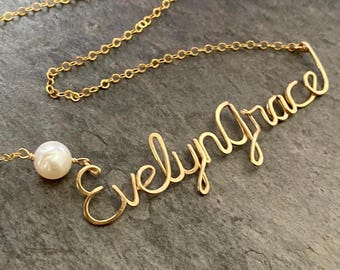 Custom 14k Gold Filled Double Name Necklace with Pearl