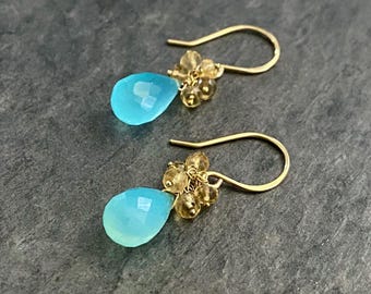 Chalcedony and Citrine Dangle Earrings: Sterling Silver or Gold