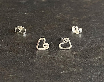 Tiny Heart Swirl Stud Earrings: Small Sterling Silver Hammered Design