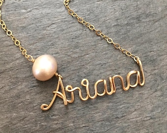 Custom 14k Gold Fill Name Necklace with Freshwater Pearl
