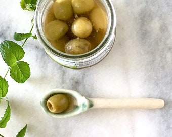 Olive Spoon. Ceramic Serving Spoon for Olives, Capers, Raisins, Small Nuts, Sprinkles. Off White and Green Ceramic Spoon. Gift Under 20