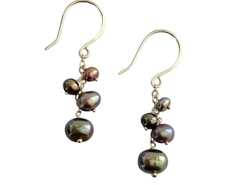 Iridescent Peacock Pearl Dangle Earrings: Sterling Silver or Gold