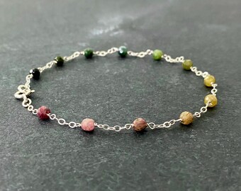 Watermelon Tourmaline Bracelet • Sterling Silver Dainty Gemstone Chain • Rare, only one available